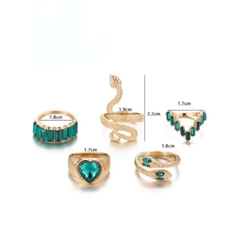 Gold Emerald Gothic Punk Snake Stackable Ring Set - 5 Piece - Picture 4 of 7